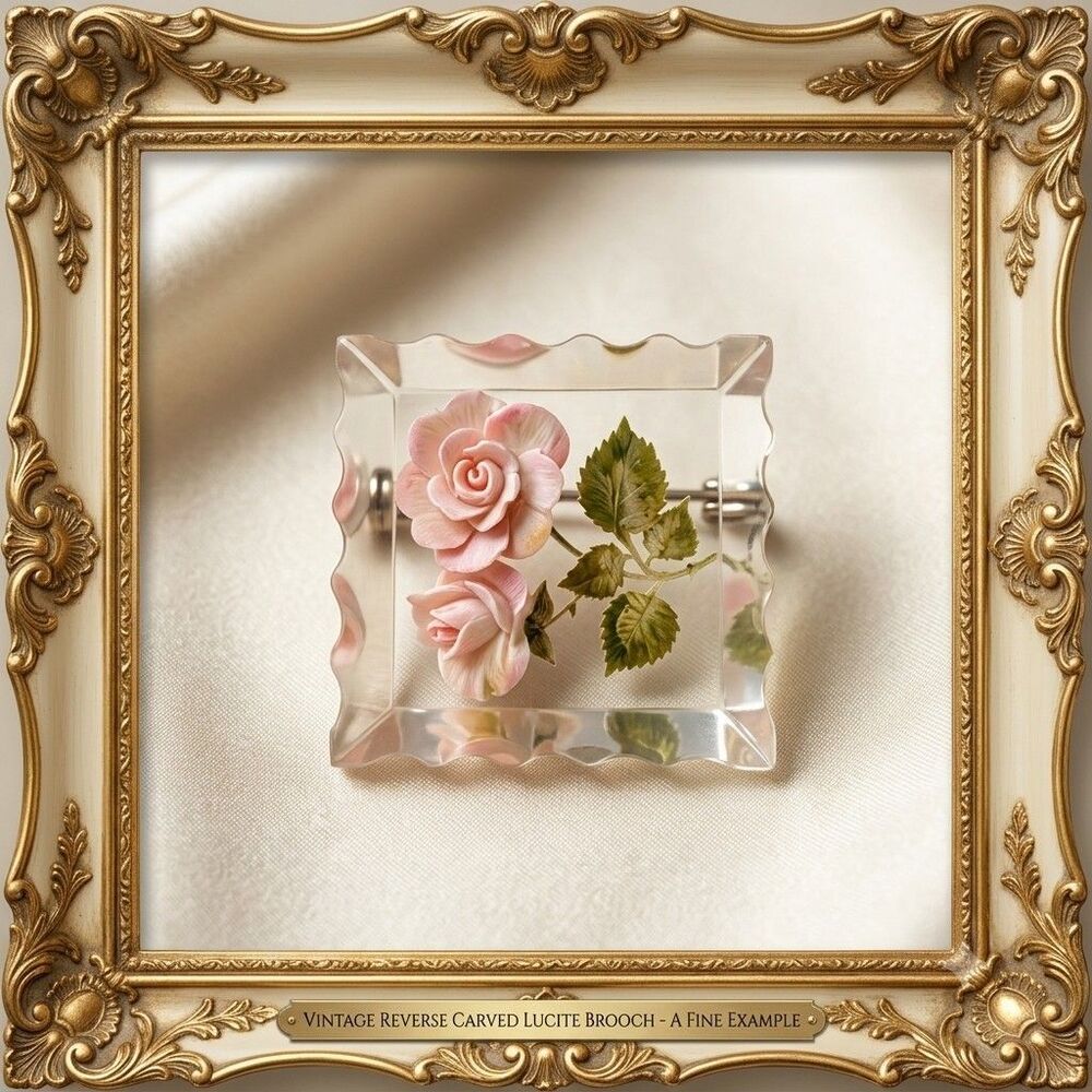 Vintage Reverse Carved Lucite Rose Brooch, Pink Flowers, Scalloped Edges, MCM